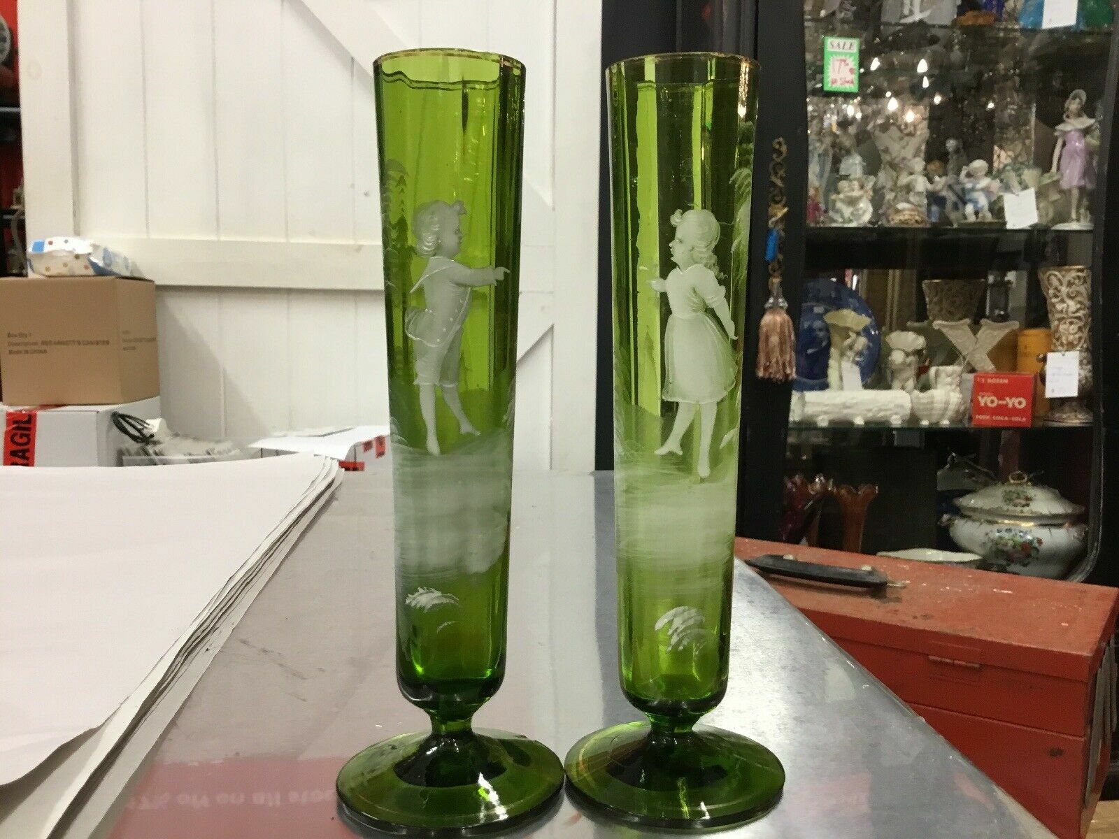 Antique Pair 2x Green Vases Vase Boy Girl Bud Mary Gregory Glass