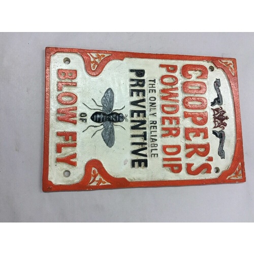 COOPERS POWDER DIP FLYS CASTIRON SIGN VINTAGE LOOKS OLD BADGE SIGNS ENAMEL