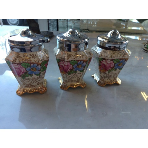 VINTAGE JAMES KENT OLD FOLEY BALMORAL 5070 3 PIECE CRUET SET SALT PEPPER  CHINTZ