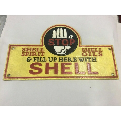 STOP FILL UP HERE WITH SHELL CAST IRON SIGN VINTAGE LOOKS OLD SIGNS ENAMEL