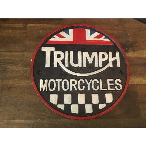 TRIUMPH MOTORCYCLES MOTORCYCLE CAST IRON SIGN VINTAGE LOOKS OLD SIGNS ENAMEL