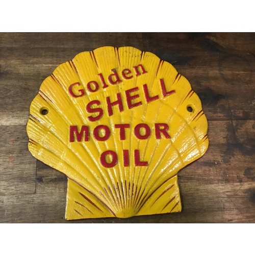 GOLDEN SHELL MOTOR OIL CAST IRON SIGN VINTAGE LOOKS OLD SIGNS ENAMEL