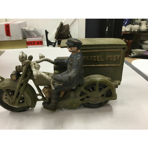 POST PARCEL POST MOTORCYCLE CAST IRON VINTAGE MAN HARLEY DAVIDSON GREAT