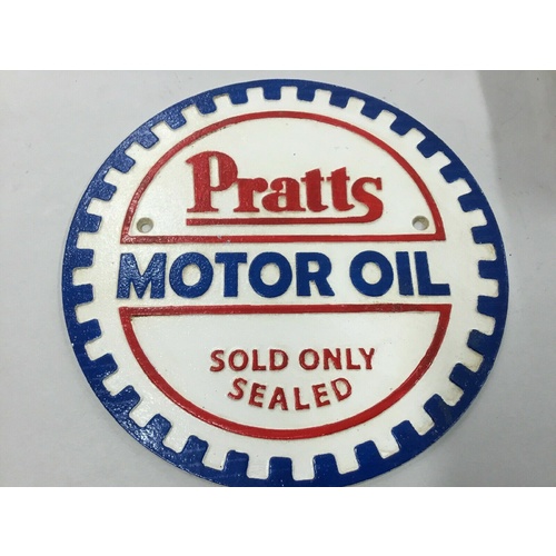 PRATTS ROUND MOTOR OIL CAST IRON SIGN VINTAGE LOOKS OLD BADGE SIGNS