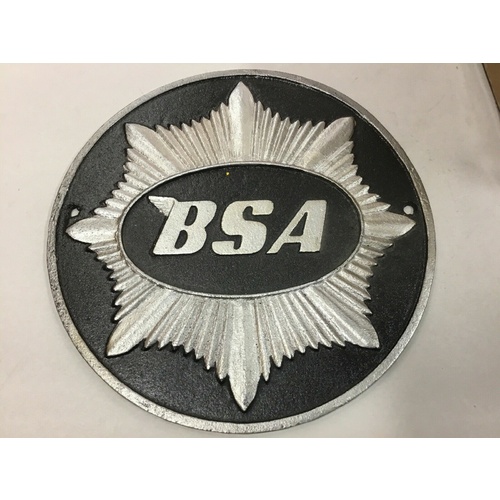 BSA ROUND MOTOR BIKE CAST IRON SIGN VINTAGE LOOKS OLD BADGE SIGNS