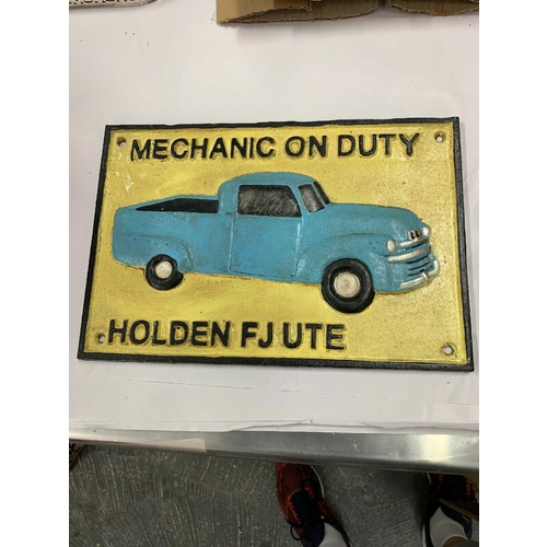 MECHANIC ON DUTY MOTOR OIL CAST IRON SIGN HOLDEN FJ UTE CAR